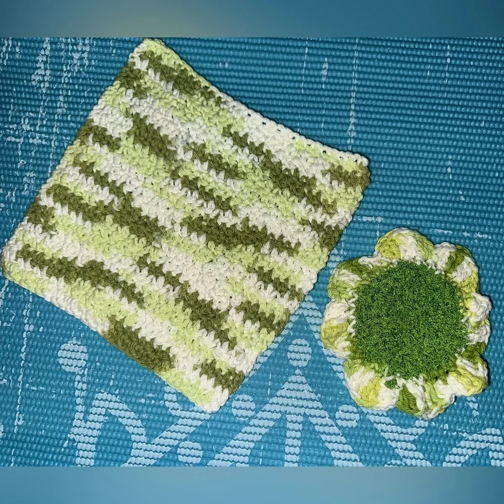 Green and White Handmade Cotton Multi Use Washcloth Set
